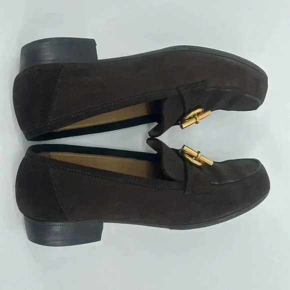 Authentic Vtg 1992 HERMES Brown Suede Slip On Flat Loafers Gold Metal Bit EU37.5 - Picture 8 of 11